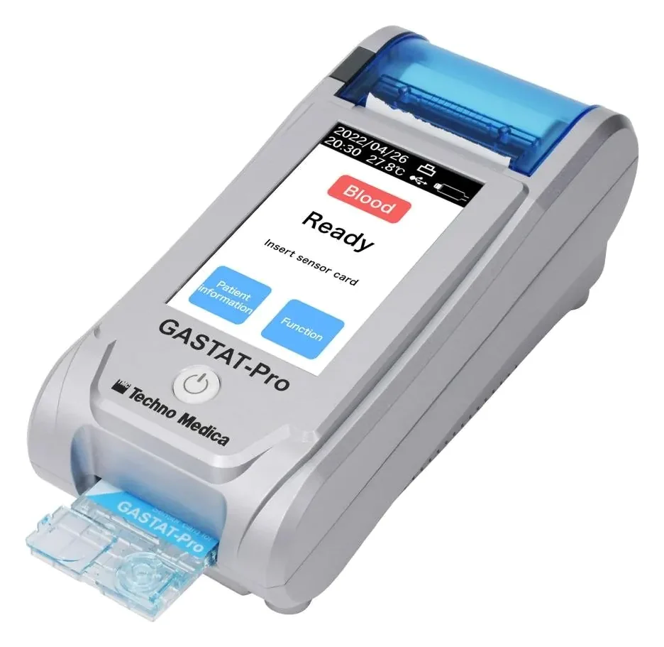 GASTAT-Pro portable blood gas analyser by Techno Medica, with a sensor card inserted